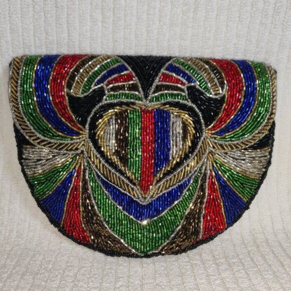 Vintage 70's Evening Heart Tube Beaded Purse Black Gold Red Blue Pre Owned